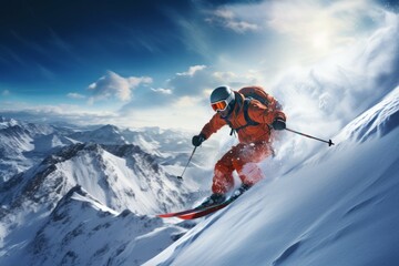Skier skiing down mountain with scenic view.