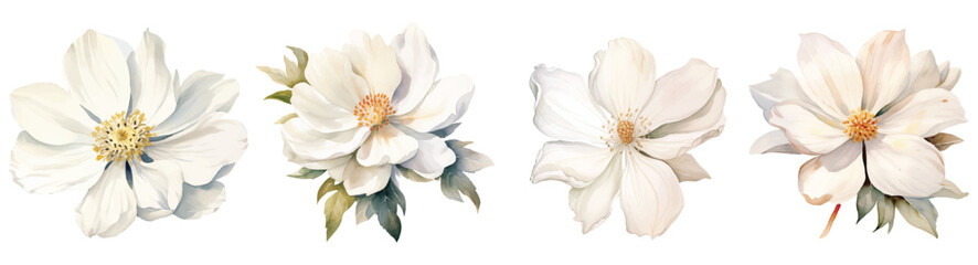 Watercolor set with white anemone flowers