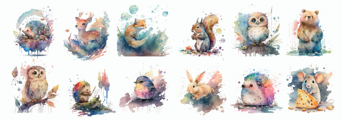 Vibrant Watercolor Collection of Forest Animals: Detailed Artistic Illustrations of Hedgehog, Deer, Fox, Squirrel, Owls, Bird, Rabbit