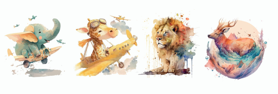 Whimsical Watercolor Illustrations of Animals: Flying Elephant, Giraffe Pilot, Majestic Lion, and Graceful