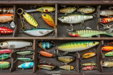 Assorted Fishing Lures Box - Varying Types of Lures for All Fishing Adventures, A fisherman's tackle box filled with colorful variety of baits and lures, AI Generated