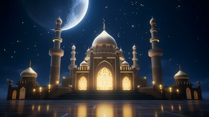3D Illustration of a Ramadan Kareem background with mosque and moon