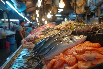 Bustling Fish Market Showcasing an Array of Fish Varieties, A fish market filled with an array of fish and seafood, bustling with people, AI Generated - obrazy, fototapety, plakaty