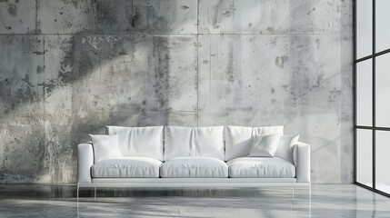 White sofa with beige pillows near stone cladding wall. Mediterranean home interior design of modern living room.