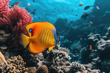 Naklejka na ściany i meble A vibrant yellow and blue fish swimming among coral reef teeming with life, A flamboyant and radiant tropical Butterflyfish among coral canyons, AI Generated