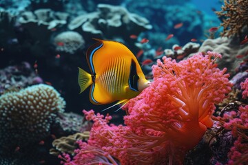 A vibrant yellow and black fish gracefully swimming amidst the coral reefs, A flamboyant and radiant tropical Butterflyfish among coral canyons, AI Generated