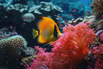 Obraz premium A vibrant yellow and black fish gracefully swimming amidst the coral reefs, A flamboyant and radiant tropical Butterflyfish among coral canyons, AI Generated