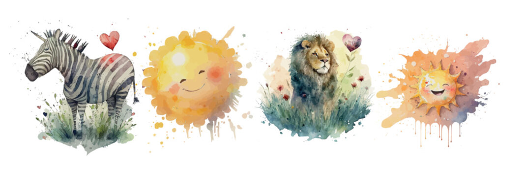 Whimsical Watercolor Illustrations of a Zebra, Smiling Sun, Lion, and Another Sun with Expressive Features and Nature