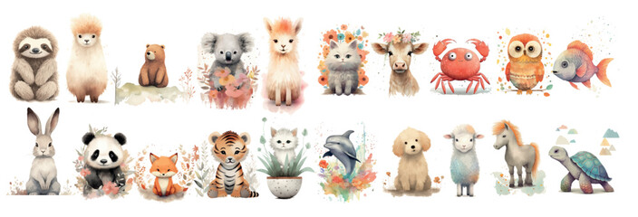 Obraz premium Whimsical Collection of Watercolor Animals: A Diverse Set of Cute, Hand-Painted Creatures, Perfect for Children’s Books