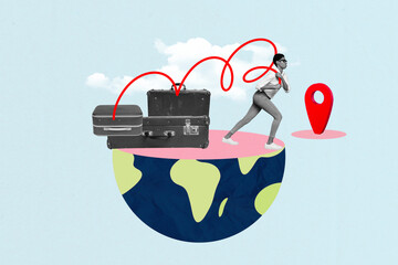 Geotag destination point collage illustration of young transgender woman carrying pile vintage suitcases traveling migrant at planet - obrazy, fototapety, plakaty