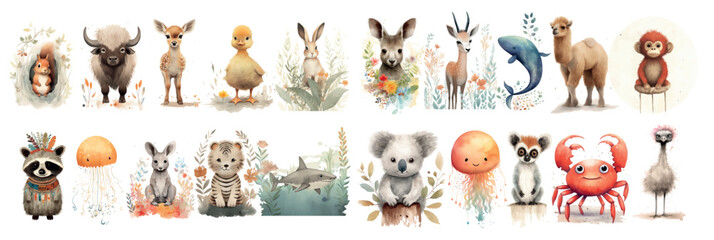 Whimsical Collection of Watercolor Animals: A Diverse Set of Cute, Hand-Painted Creatures, Perfect for Children’s Books, Decor - obrazy, fototapety, plakaty