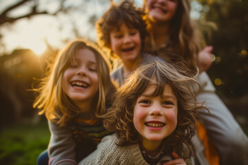 Capture the joy and playful interactions among children growing up in families where relatives take on parenting roles, emphasizing the carefree nature of childhood. 
