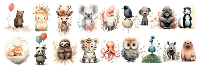 Naklejka premium Whimsical Collection of Watercolor Animals: A Diverse Set of Cute, Hand-Painted Creatures, Perfect for Children’s