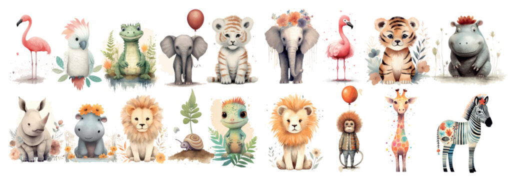 Adorable Collection of Watercolor Animals: From Fluffy Tigers to Graceful Flamingos, Perfect for Children’s Books