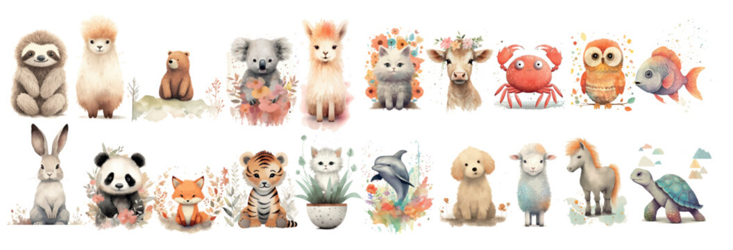 Whimsical Collection of Watercolor Animals: A Diverse Set of Cute, Hand-Painted Creatures, Perfect for Children’s Books