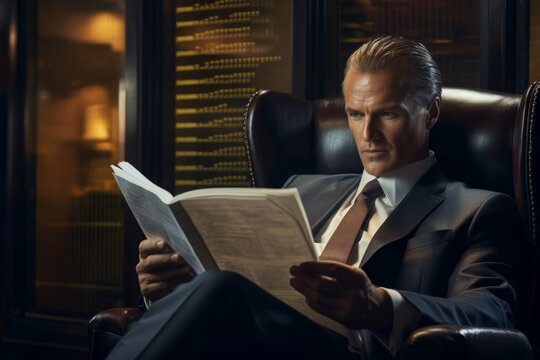Businessman reading a financial report in a leather chair.