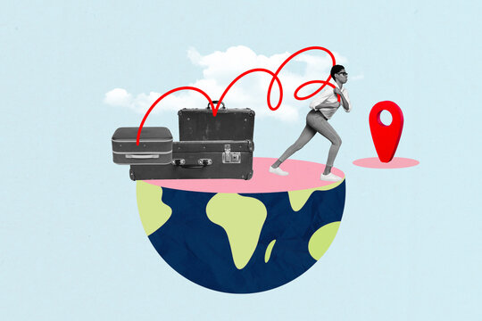 Geotag destination point collage illustration of young transgender woman carrying pile vintage suitcases traveling migrant at planet