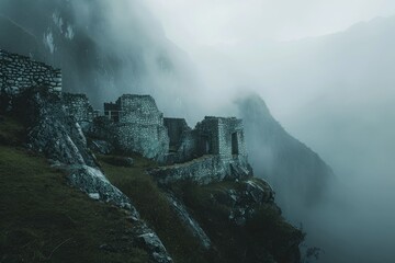 A majestic castle sits atop a misty mountain, shrouded in fog, A foggy mountain pass with ancient stone structures, AI Generated