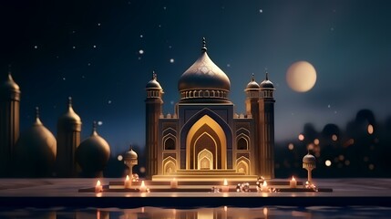 Fototapeta na wymiar 3D illustration of the Taj Mahal at night with a full moon.