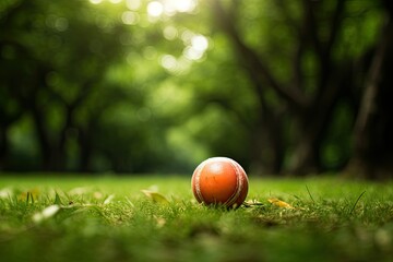 Cricket ball on green grass with bokeh background. Beautiful shot of cricket red ball on green ground with blur background. sports and active lifestyle. leisure activities.