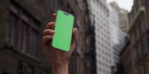 Hand holding a smartphone with a green screen on an urban city street background - 757166412