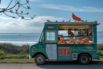 A vibrant food truck parked alongside the road, offering a wide variety of delicious and convenient food options, A food truck selling fresh seafood against an ocean backdrop, AI Generated