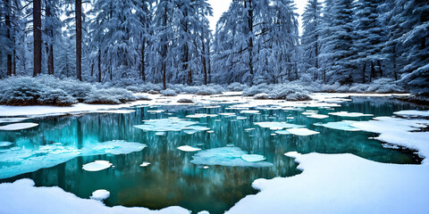 Frozen Fairy Pond. In the heart of a snow-covered forest, a pond lies frozen. - 757166460