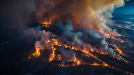 Fototapeta premium Aerial view of forest fire at night 