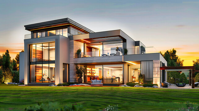 A luxurious villa that redefines modern living, set against a backdrop of meticulously landscaped gardens
