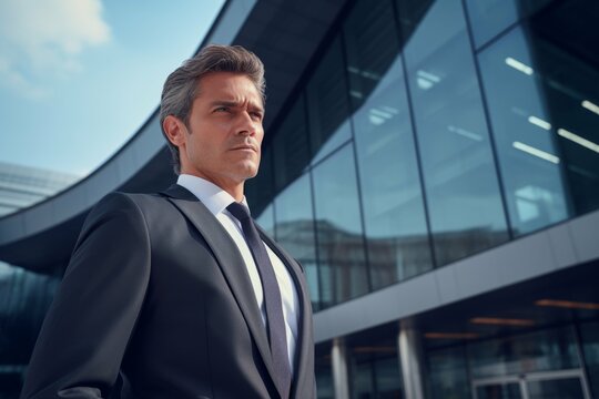 Businessman standing in front of modern office building with confident expression.