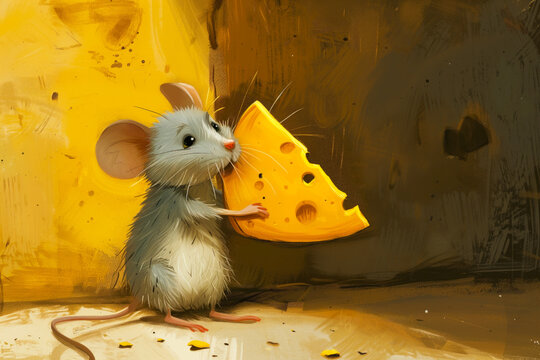 Mouse and cheese: a classic duet. An illustration depicting a scene with a mouse holding a slice of cheese. The focus is on demonstrating the classic and iconic relationship between a mouse and its fa
