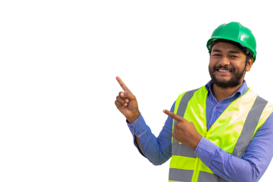 contractor supervisor pointing finger towards blank copy space for ads 