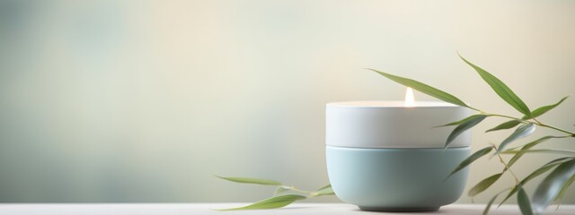 Product photo, delicate celadon porcelain teacup, soft colours, bamboo environment, minimalism, dreamy ethereal bokeh background 