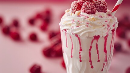 Close up of a drink adorned with fluffy whipped cream and vibrant raspberries