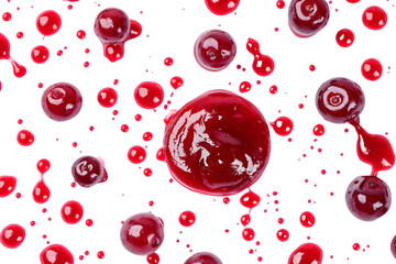 Drops and stains of red berry jam, sauce top view isolated on transparent background. Cranberry Jam drops close up