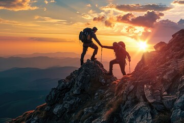 Two individuals navigate their way up a mountainside as the sun sets in a stunning display, A friend encouraging and assisting a hiker aim for the mountain crown, AI Generated - obrazy, fototapety, plakaty