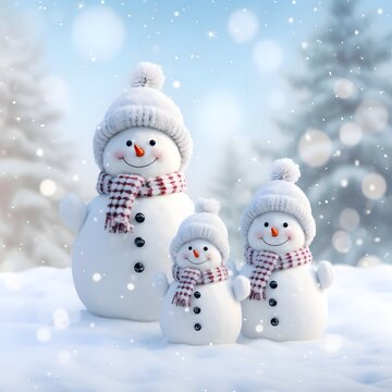  Cute snowman family in warm knitted hats and scarves AI Generated Pro Photo
