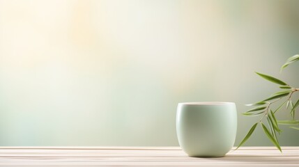 Product photo, delicate celadon porcelain teacup, soft colours, bamboo environment, minimalism, dreamy ethereal bokeh background  - obrazy, fototapety, plakaty