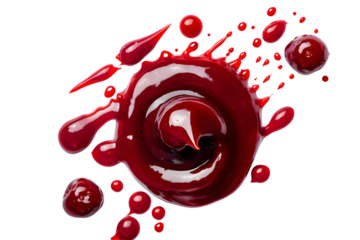 Drops and stains of red berry jam, sauce top view isolated on transparent background. Cranberry Jam drops close up