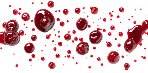 Drops and stains of red berry jam, sauce top view isolated on transparent background. Cranberry Jam drops close up