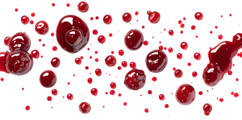 Drops and stains of red berry jam, sauce top view isolated on transparent background. Cranberry Jam drops close up