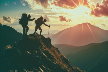 Two individuals hike up a mountain as the sun sets in a breathtaking display of natures beauty, A friend reaching out to aid a hiker in conquering the mountaintop, AI Generated - obrazy, fototapety, plakaty
