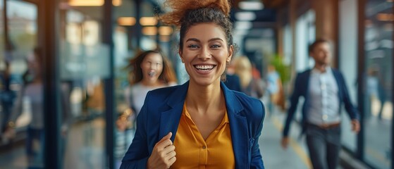 Fototapeta premium Happy businesswoman going to work. A group of joyful office workers going to lunch. Joy concept.