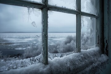 A window covered in a layer of intricate ice crystals, creating a stunning winter landscape, A frosted window overlooking a blustery winter gale, AI Generated