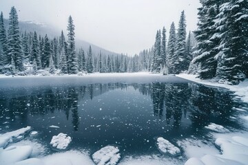 Obraz premium A picturesque lake rests peacefully amidst a stunning winter landscape blanketed by snow-covered evergreen trees, A frozen lake surrounded by snow-covered pine trees, AI Generated