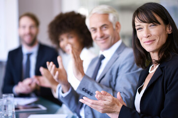 Portrait, woman or applause in business, workshop or meeting of company, corporate or training....