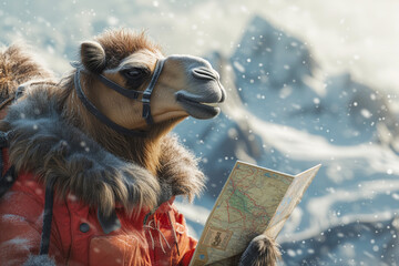 A camel in a winter jacket with fur looks at the travel map and cannot figure out where it is. There is snow all around, a glacier is visible from behind, fine snow is falling