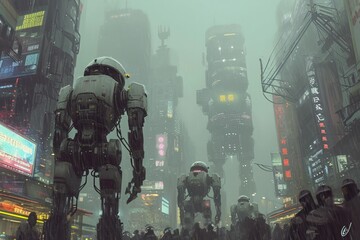 This breathtaking image captures a scene from a science fiction world, with a spacecraft venturing through an otherworldly terrain, A futuristic city filled with robots, AI Generated