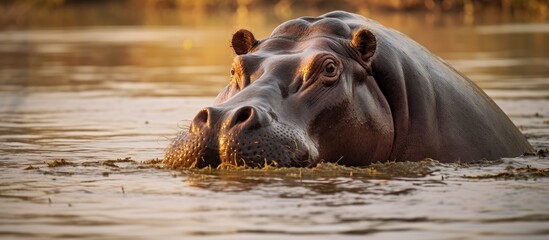 A hippopotamus, a terrestrial animal, is swimming in water, unlike Felidae, big cats that are carnivorous. Dogs, a dog breed, do not share the same natural landscape as hippos - obrazy, fototapety, plakaty