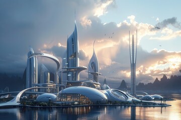 A captivating view of a cutting-edge city, with towering buildings and a sleek, advanced urban environment, A futuristic construction site incorporating renewable energy technologies, AI Generated - obrazy, fototapety, plakaty